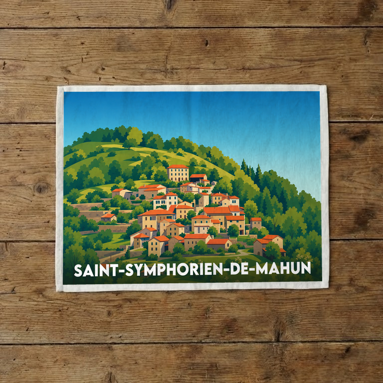 Torchon souvenir de la ville de Saint-Symphorien-de-Mahun orné d'une illustration stylisée du village à flanc de colline.