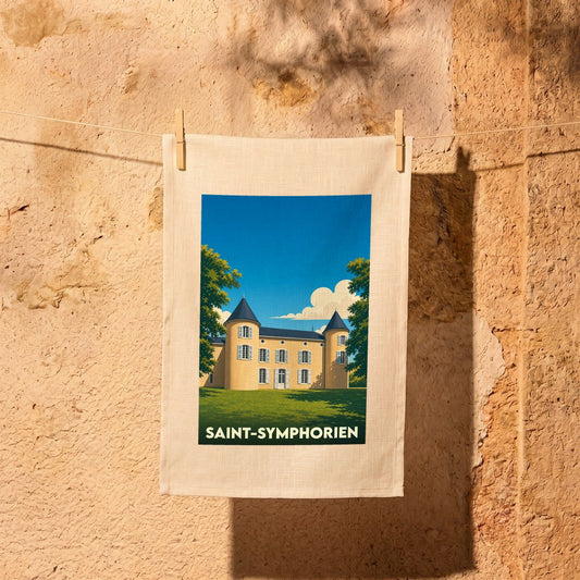 Torchon souvenir de la ville de Saint-Symphorien illustré par un château stylisé.