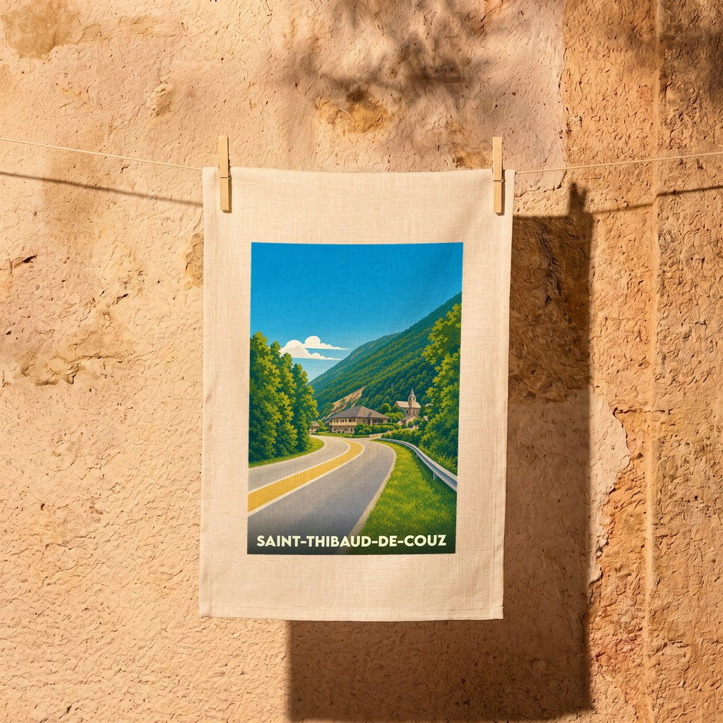 Torchon souvenir de la ville de Saint-Thibaud-de-Couz illustré d'un paysage montagneux stylisé.