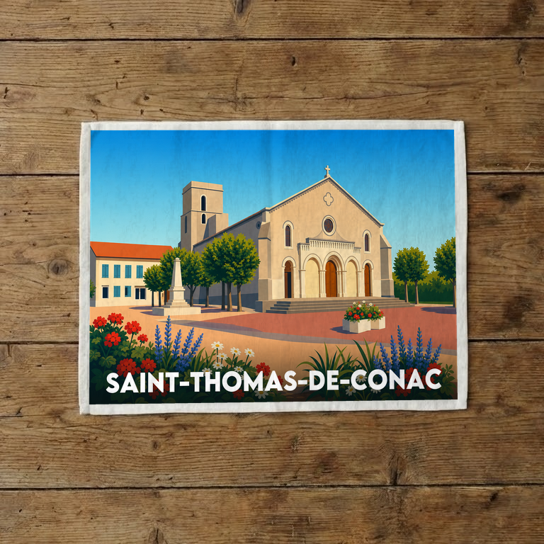 Torchon souvenir de la ville de Saint-Thomas-de-Conac avec une illustration stylisée de son église.