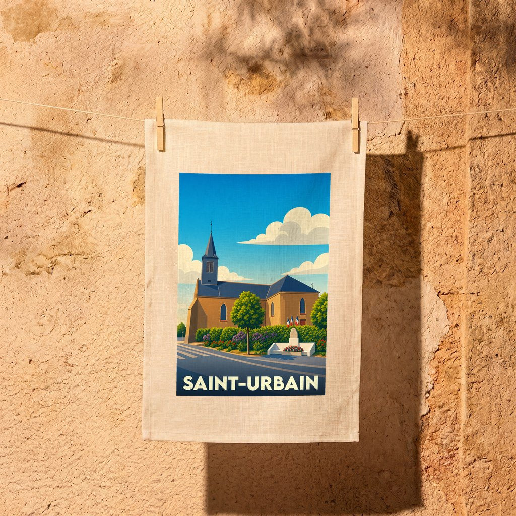 Torchon souvenir de la ville de Saint-Urbain avec une illustration stylisée de son église.