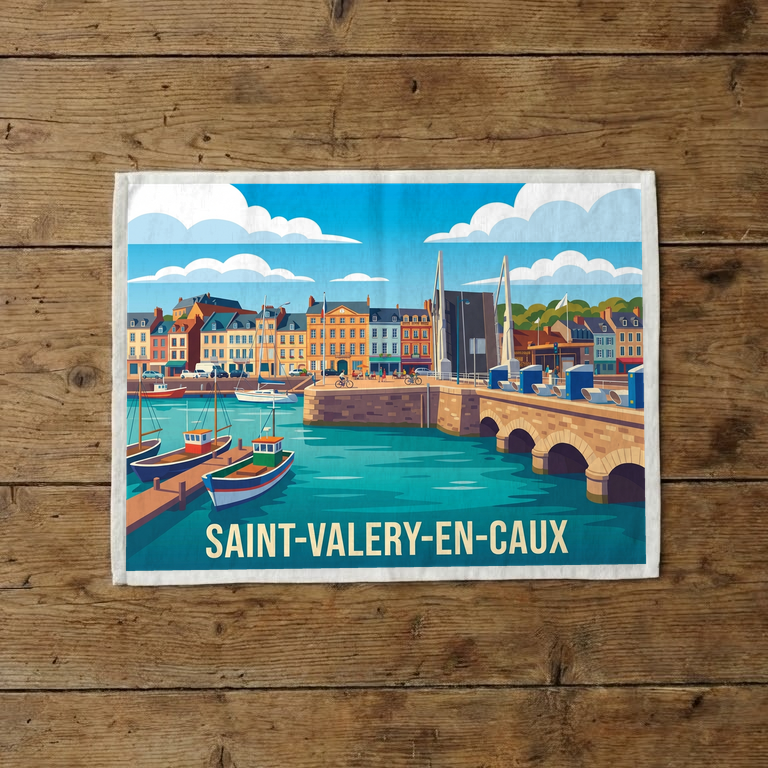Torchon souvenir de la ville de Saint-Valery-en-Caux avec une illustration stylisée de son port.
