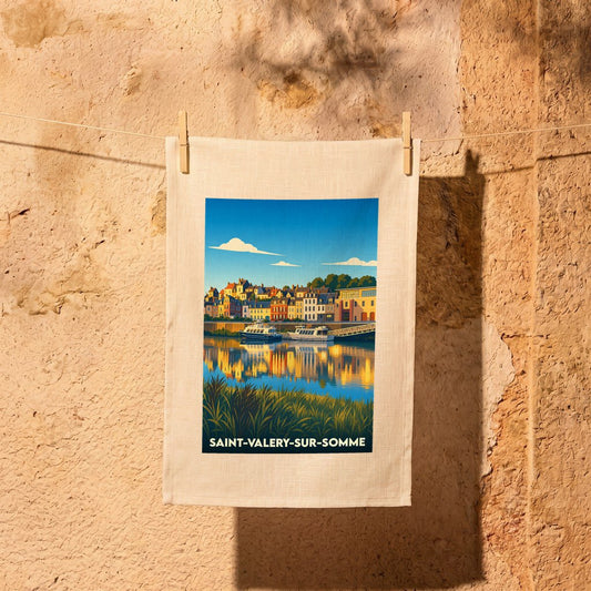 Torchon souvenir de la ville de Saint-Valery-sur-Somme avec une illustration stylisée du port.