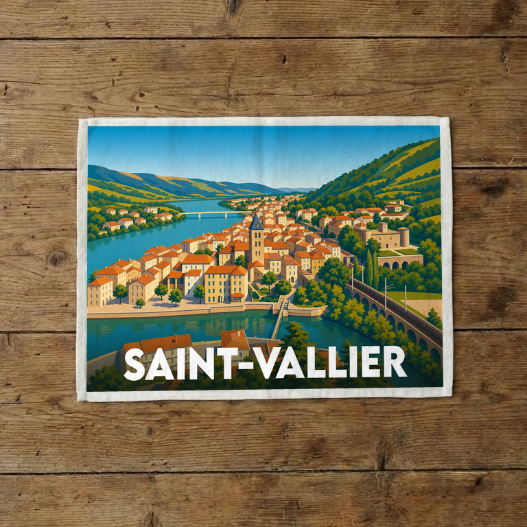 Torchon souvenir de la ville de Saint-Vallier illustré d'un paysage panoramique coloré entre fleuve et collines.