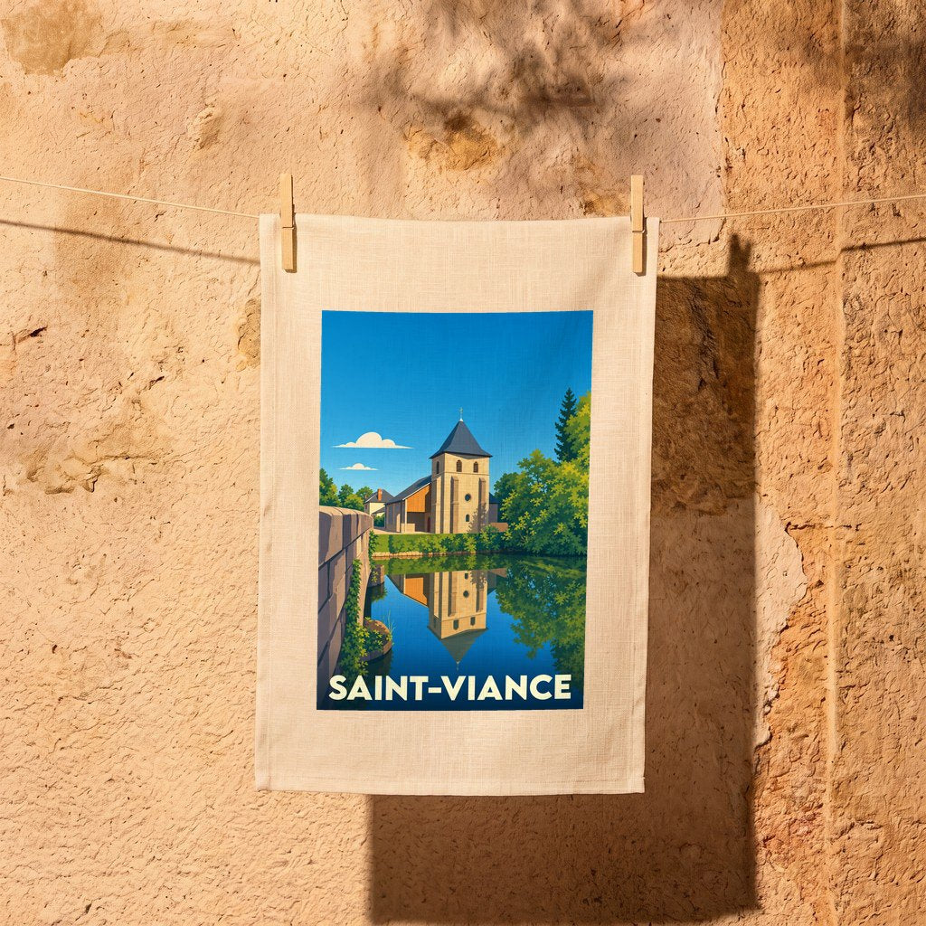Torchon souvenir de la ville de Saint-Viance avec une illustration stylisée.