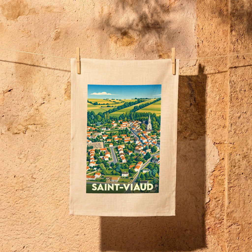 Torchon souvenir de la ville de Saint-Viaud illustré d'une vue aérienne stylisée du village et de ses vallons.
