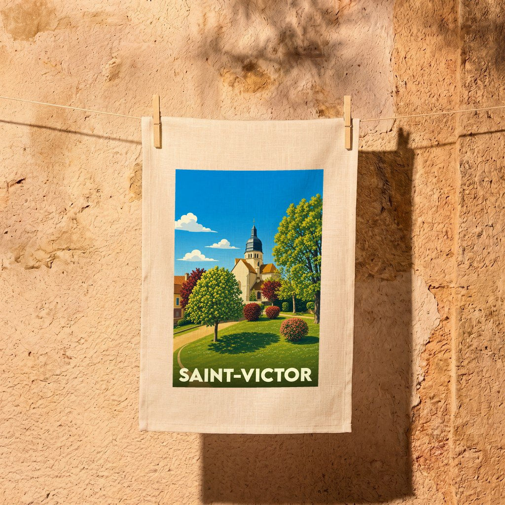 Torchon souvenir de la ville de Saint-Victor avec une illustration stylisée.