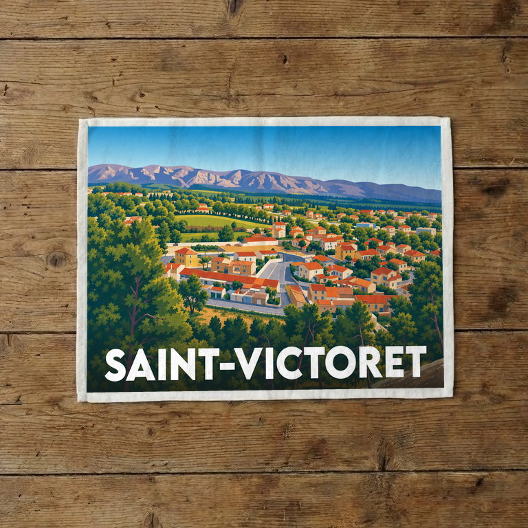 Torchon souvenir de la ville de Saint-Victoret avec une illustration stylisée de son paysage provençal.