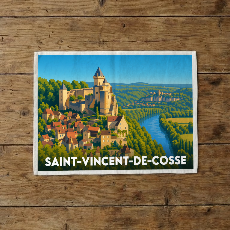 Torchon souvenir de la ville de Saint-Vincent-de-Cosse avec une illustration stylisée.