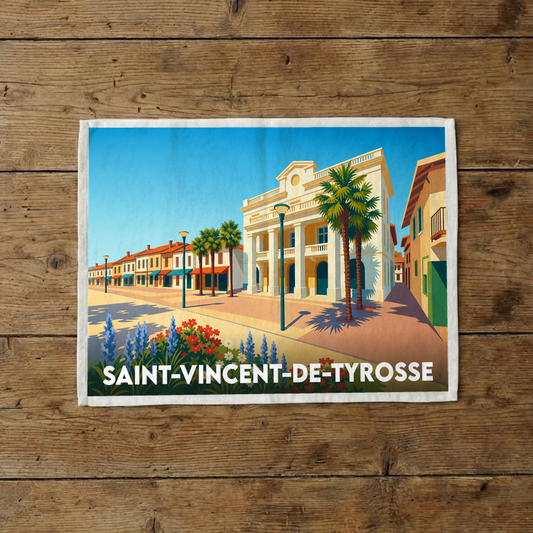 Torchon souvenir de la ville de Saint-Vincent-de-Tyrosse avec une illustration stylisée et colorée.