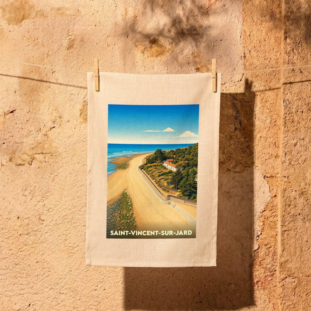 Torchon souvenir de Saint-Vincent-sur-Jard avec une illustration stylisée de son bord de mer.