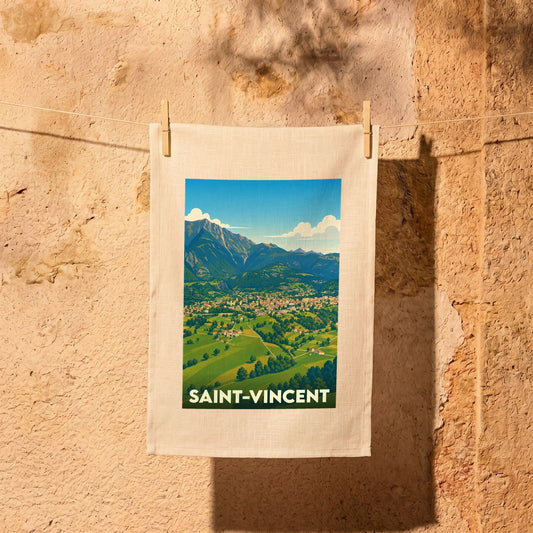 Torchon souvenir de la ville de Saint-Vincent avec une illustration stylisée de ses montagnes et de sa vallée.