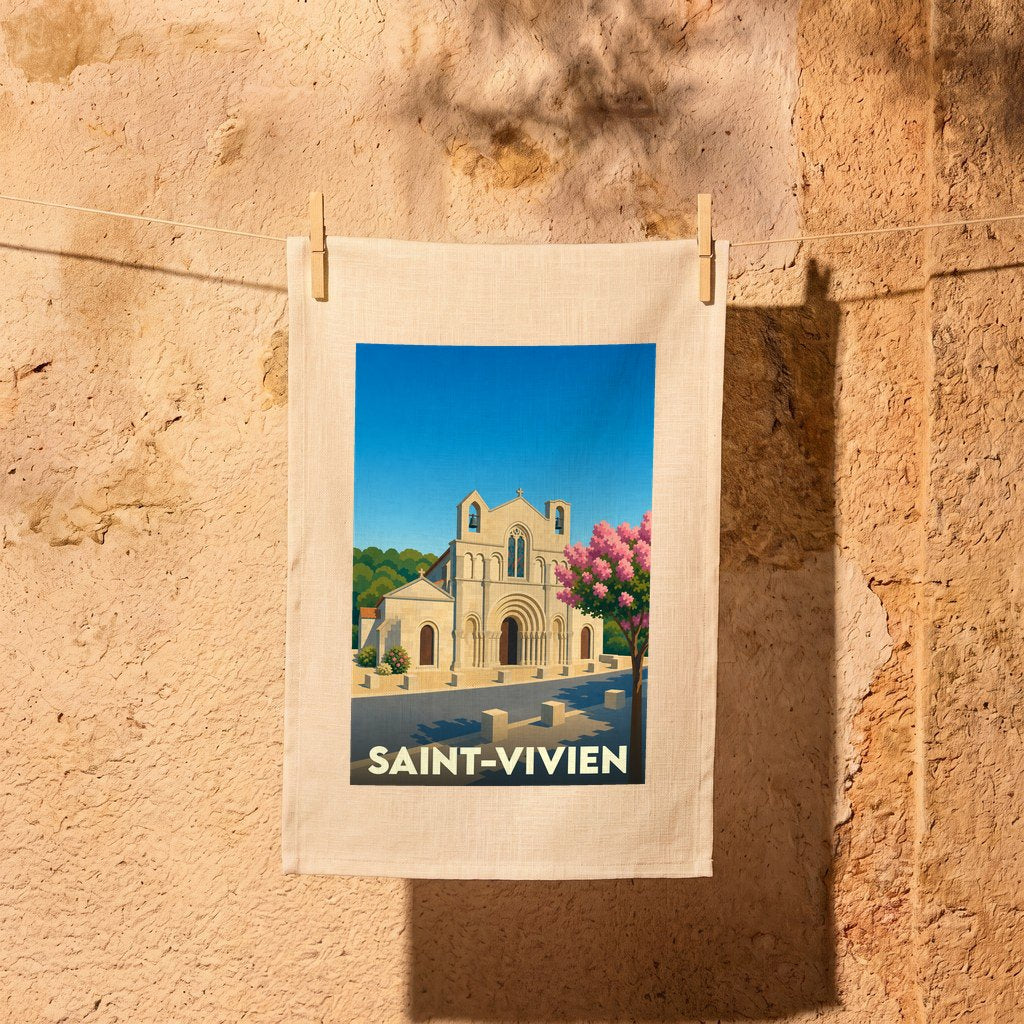 Torchon souvenir de la ville de Saint-Vivien illustré d'une église de style roman.
