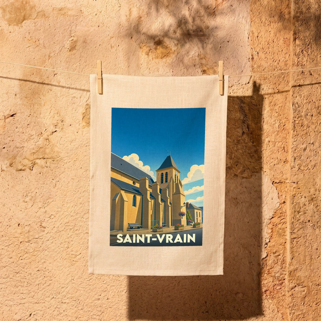 Torchon souvenir de la ville de Saint-Vrain avec une illustration stylisée de son église.