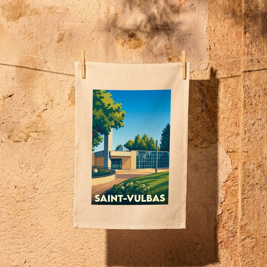 Torchon souvenir de la ville de Saint-Vulbas avec une illustration stylisée d'un bâtiment moderne.