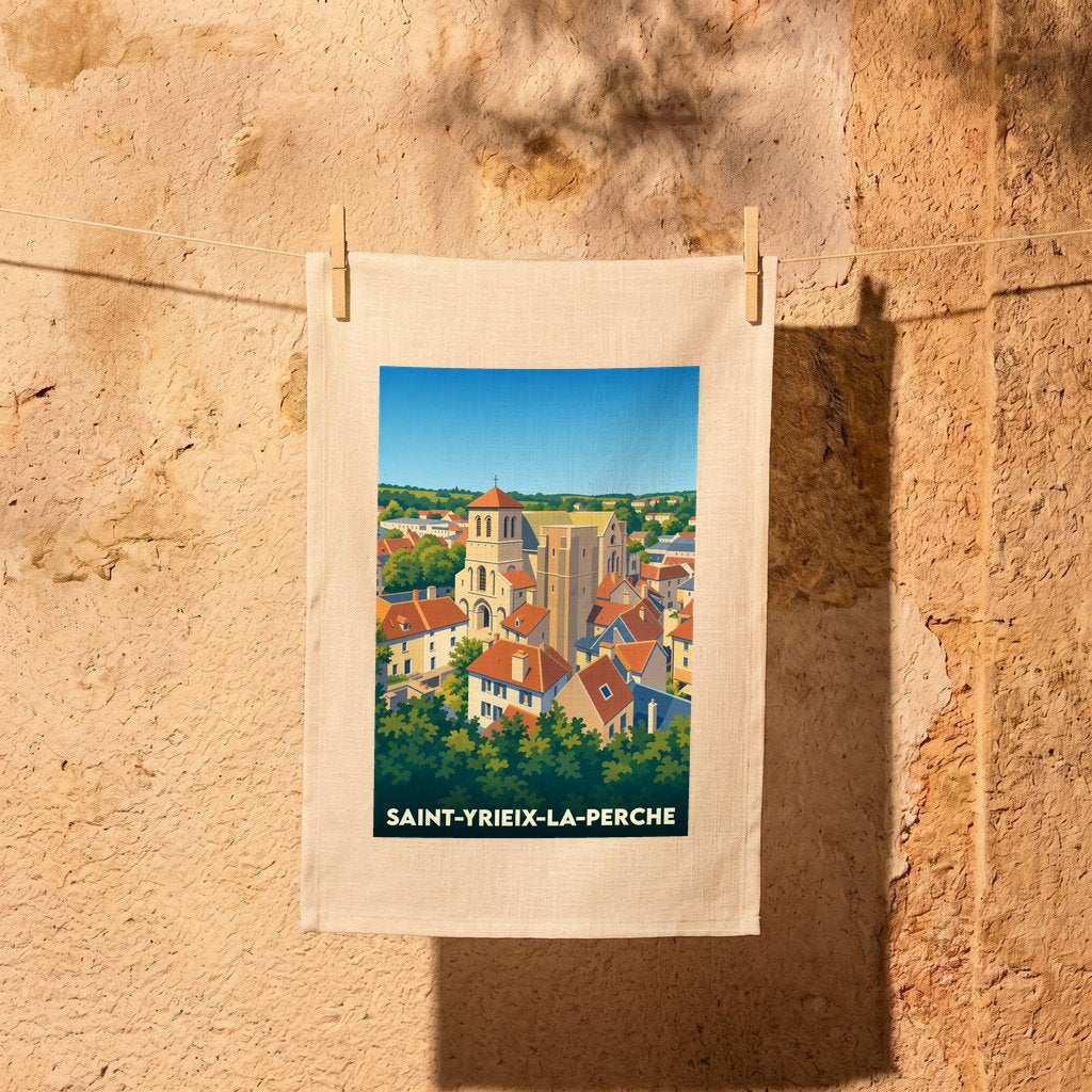 Torchon souvenir de la ville de Saint-Yrieix-la-Perche avec une illustration stylisée.