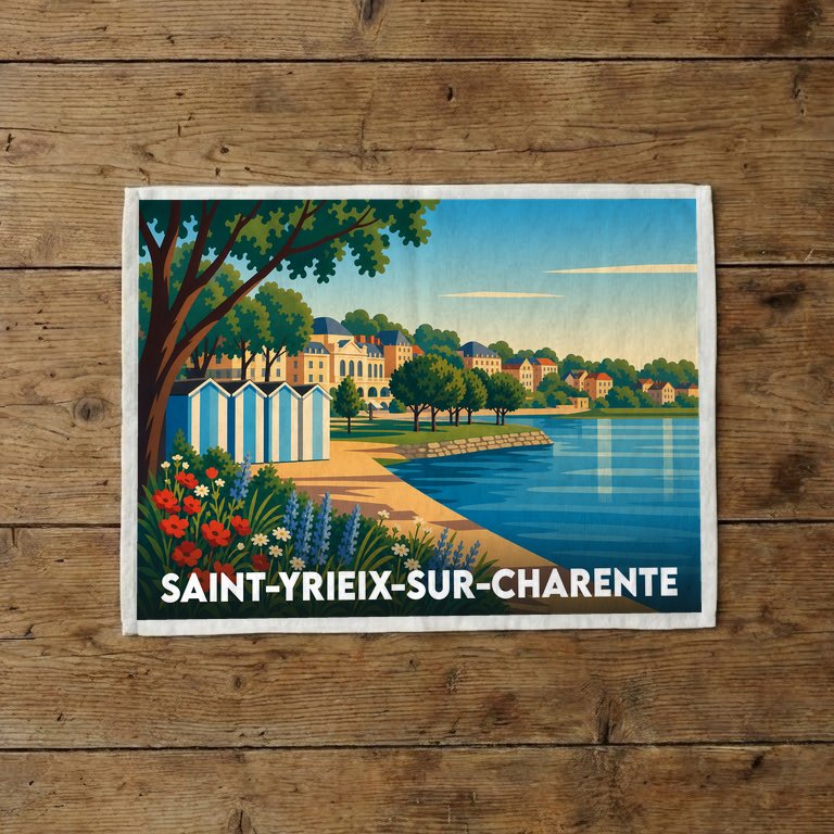 Torchon souvenir de la ville de Saint-Yrieix-sur-Charente avec une illustration stylisée de son plan d'eau et de ses cabines colorées.