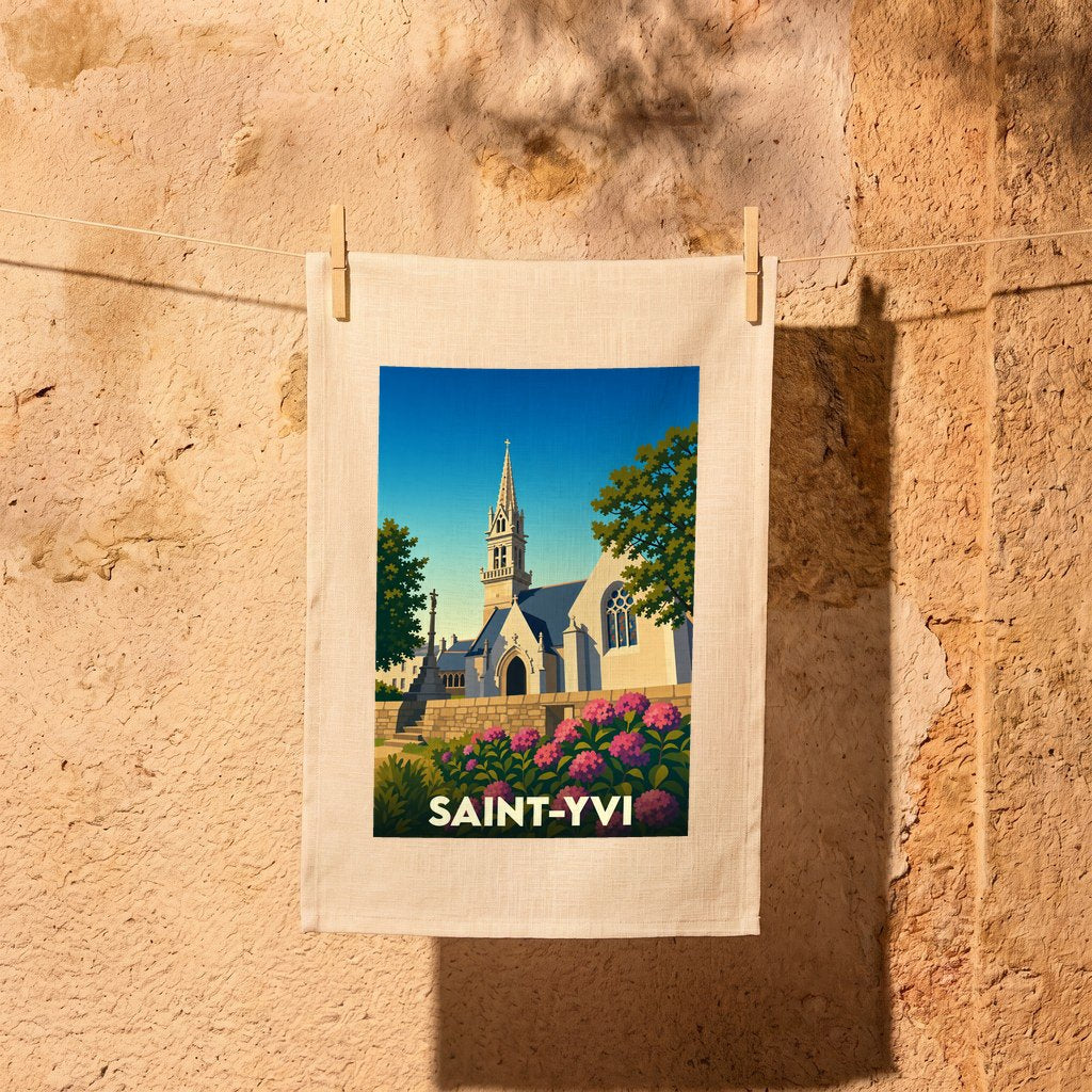 Torchon souvenir de la ville de Saint-Yvi avec une illustration stylisée de son église.