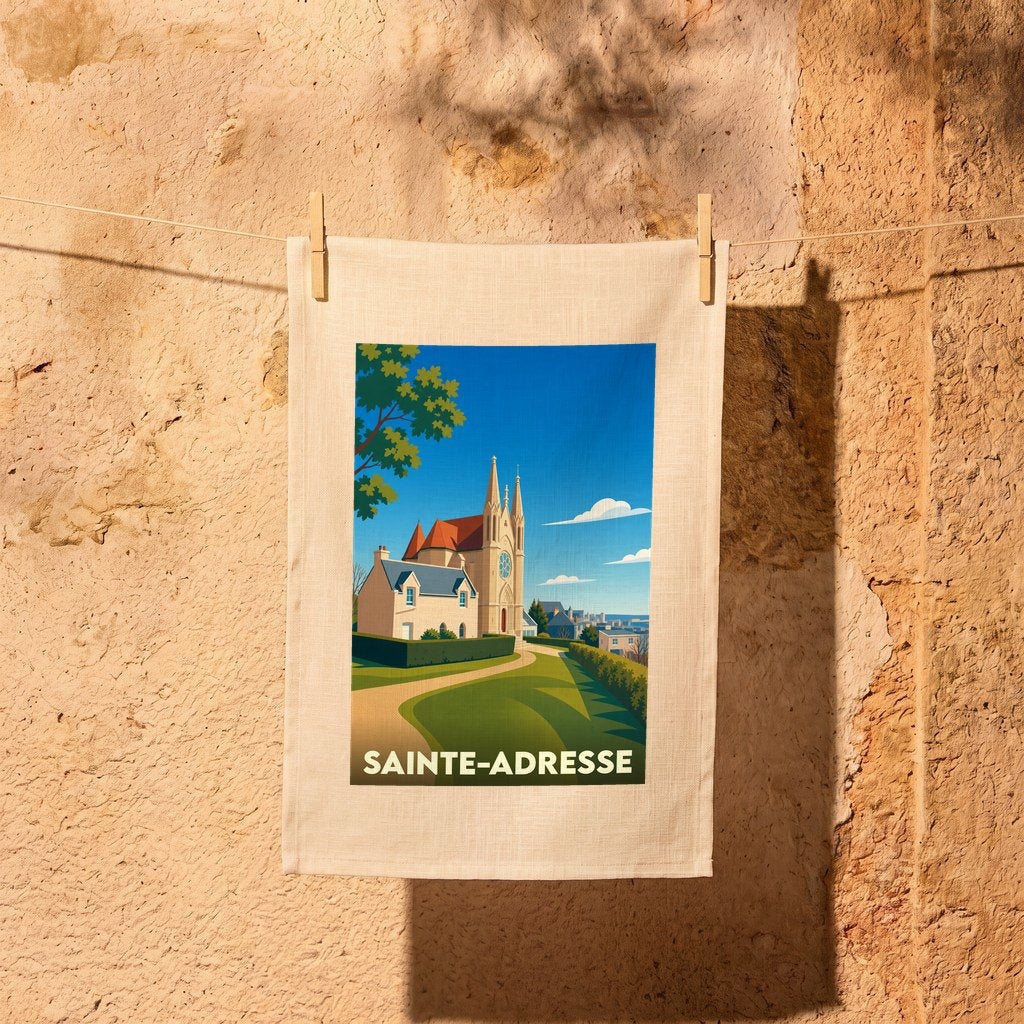 Torchon souvenir de la ville de Sainte-Adresse avec une illustration stylisée d'une église sur une colline.