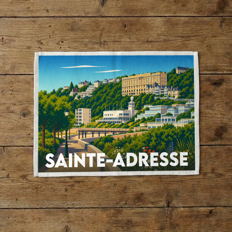 Torchon souvenir de la ville de Sainte-Adresse avec une illustration stylisée de son front de mer.