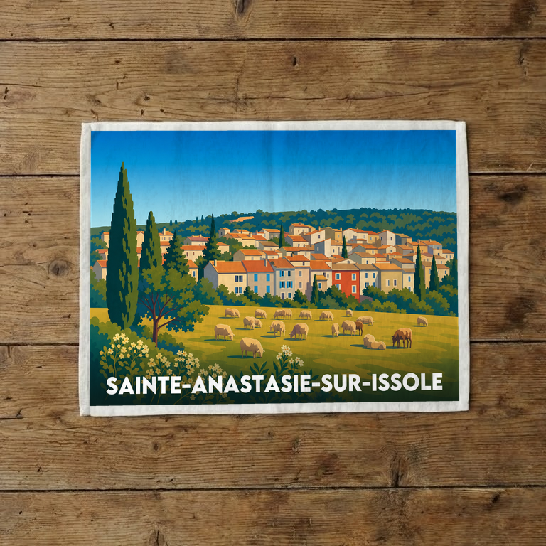 Torchon souvenir de la ville de Sainte-Anastasie-sur-Issole avec une illustration colorée d'un paysage provençal.