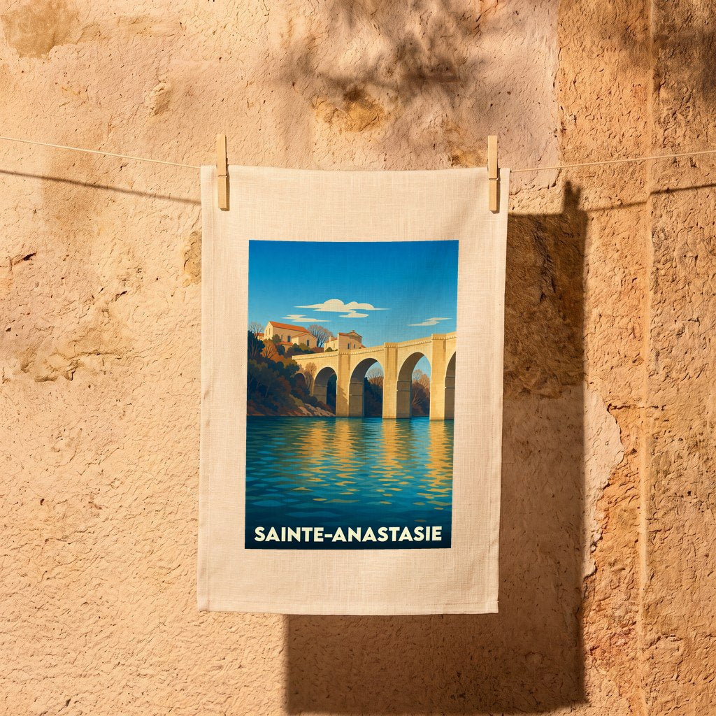 Torchon souvenir de la ville de Sainte-Anastasie illustré d'un pont enjambant une rivière dans un style graphique.