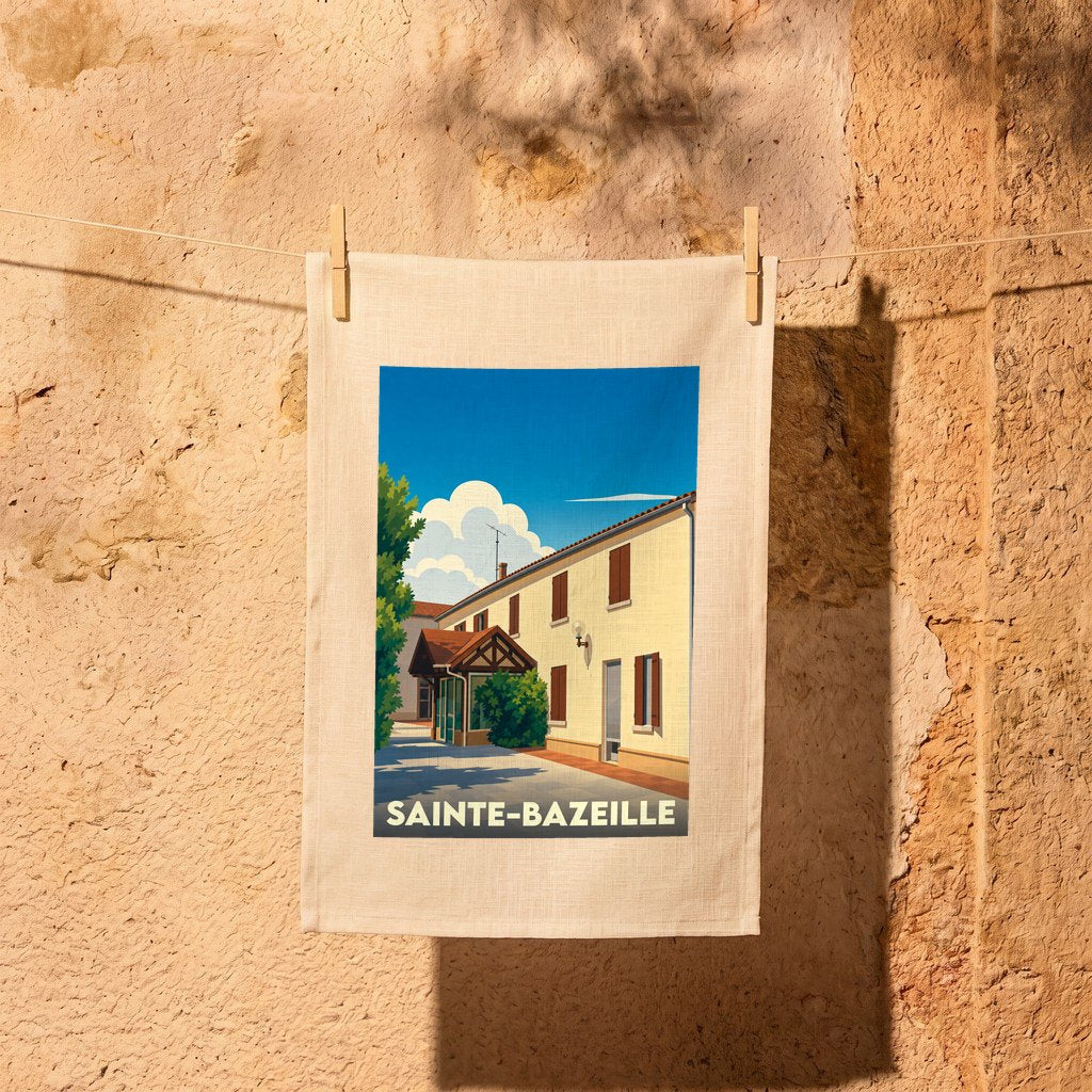 Torchon souvenir de la ville de Sainte-Bazeille avec une illustration stylisée d'un bâtiment sous un ciel bleu.