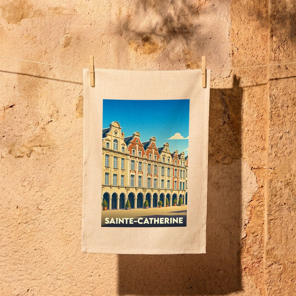 Torchon souvenir de la ville de Sainte-Catherine avec une illustration stylisée de ses façades historiques.