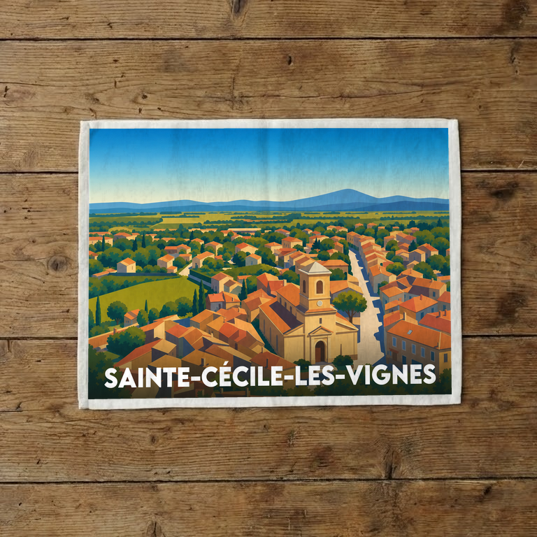 Torchon souvenir de la ville de Sainte-Cécile-les-Vignes avec une illustration stylisée.