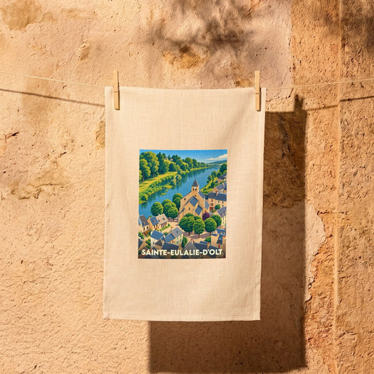 Torchon souvenir de la ville de Sainte-Eulalie-d'Olt illustré par une vue aérienne stylisée du village et de son église en bord de rivière.