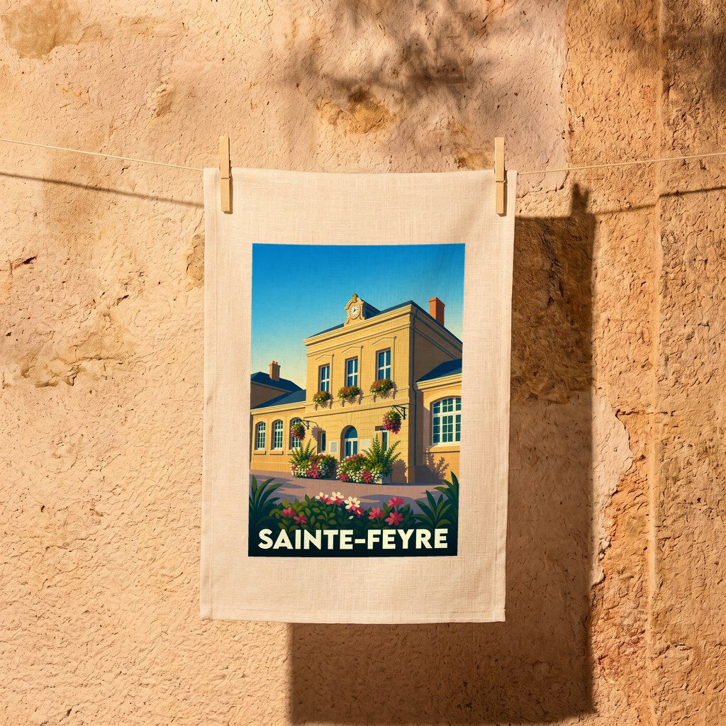 Torchon souvenir de la ville de Sainte-Feyre avec une illustration stylisée de sa mairie.
