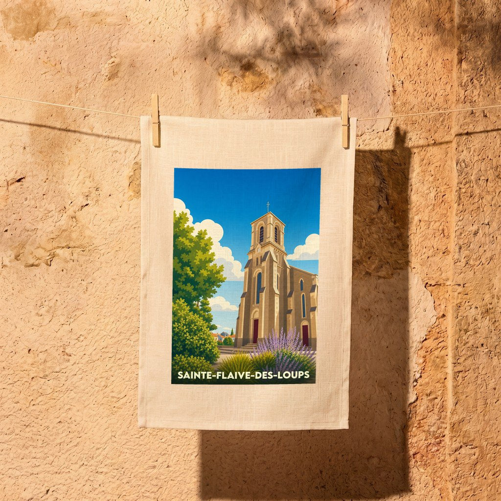 Torchon souvenir de la ville de Sainte-Flaive-des-Loups avec une illustration stylisée de son église.