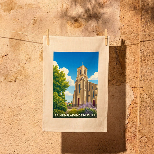 Torchon souvenir de la ville de Sainte-Flaive-des-Loups avec une illustration stylisée de son église.