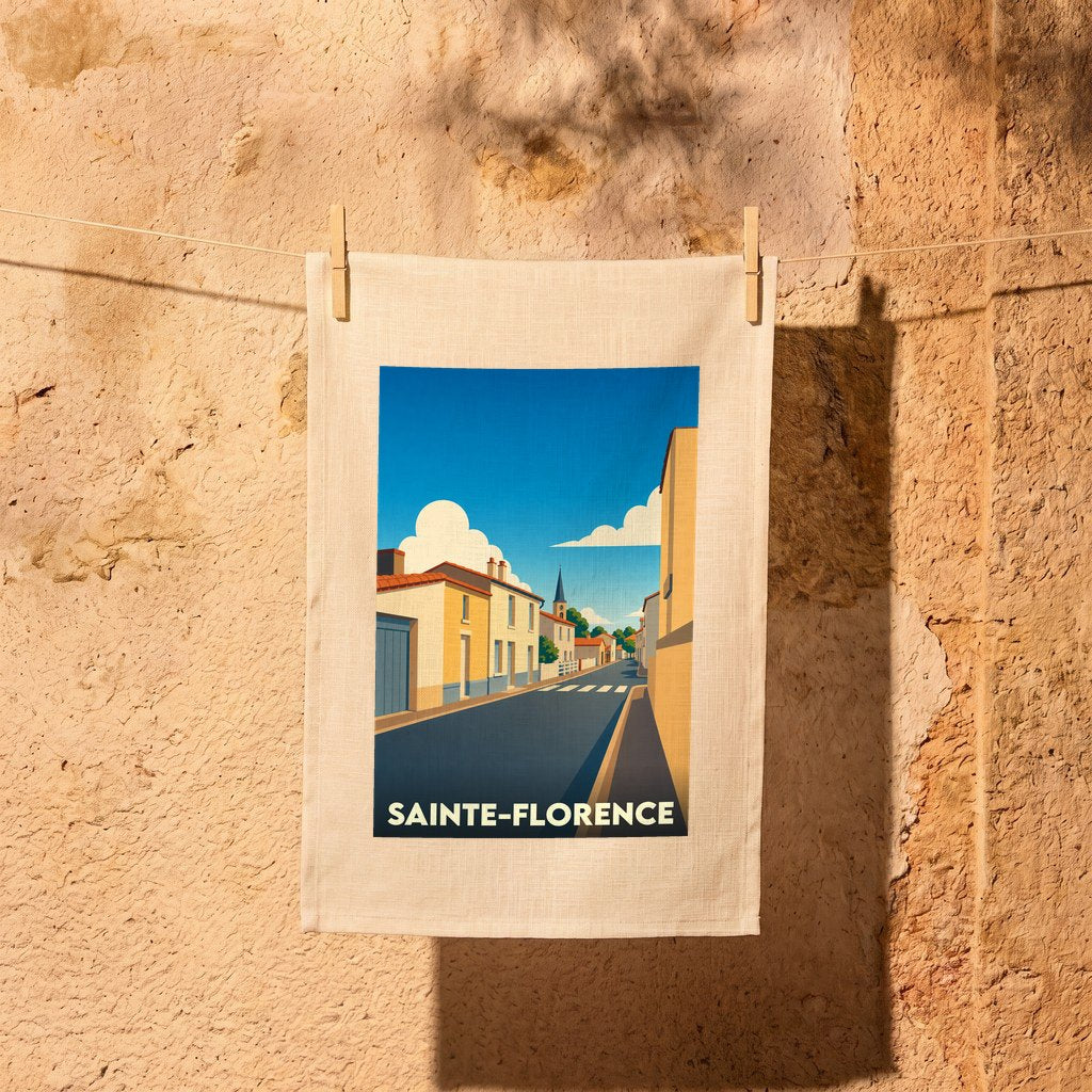 Torchon souvenir de la ville de Sainte-Florence orné d'une illustration stylisée de ses rues sous un ciel bleu.