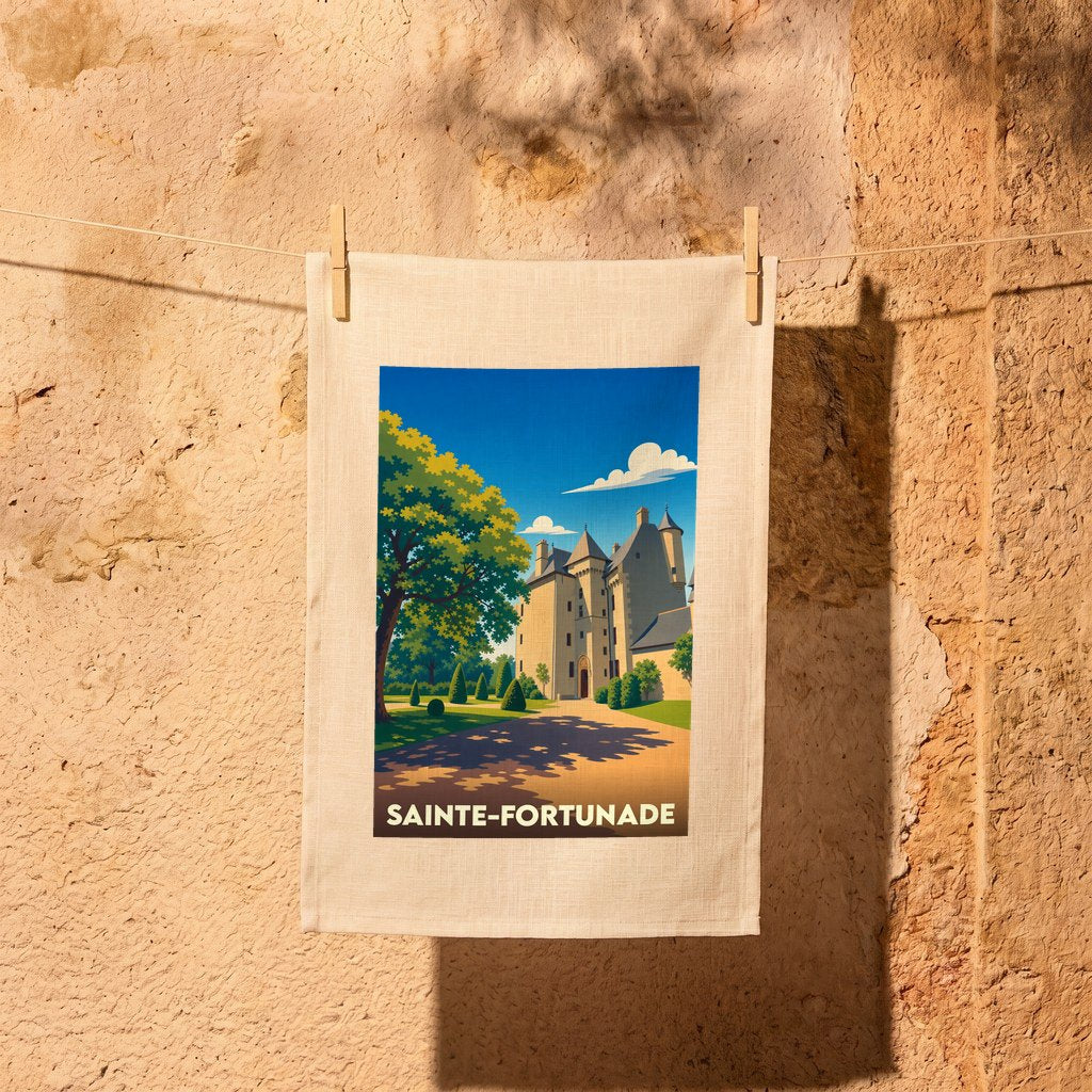 Torchon souvenir de la ville de Sainte-Fortunade orné d'une illustration stylisée de son château.