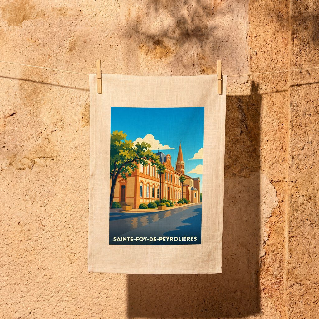 Torchon souvenir de la ville de Sainte-Foy-de-Peyrolières avec une illustration stylisée.