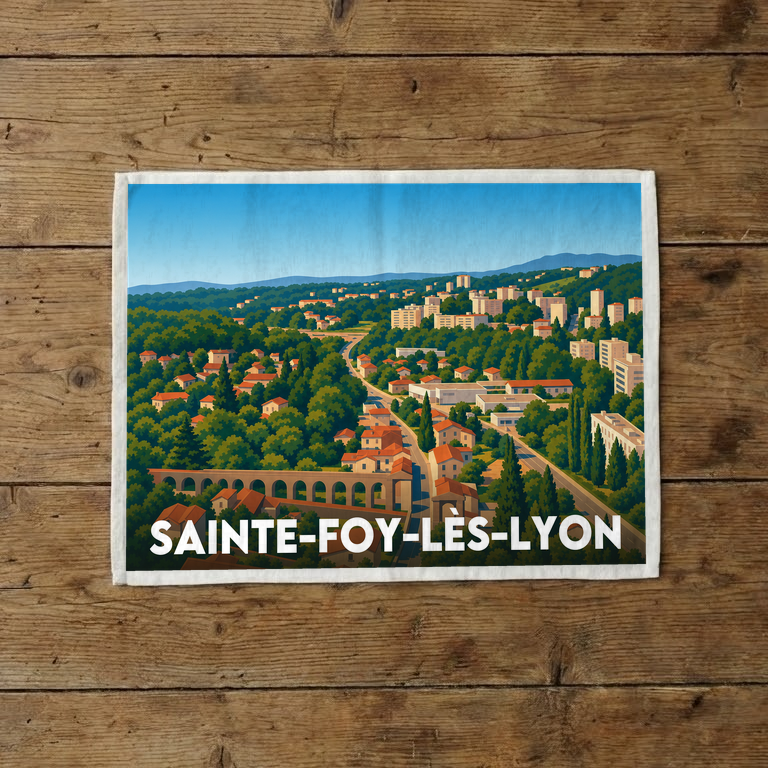 Torchon souvenir de la ville de Sainte-Foy-lès-Lyon avec une illustration stylisée.