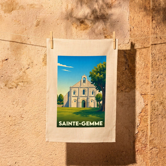 Torchon souvenir de la ville de Sainte-Gemme orné d'une illustration stylisée de son église.