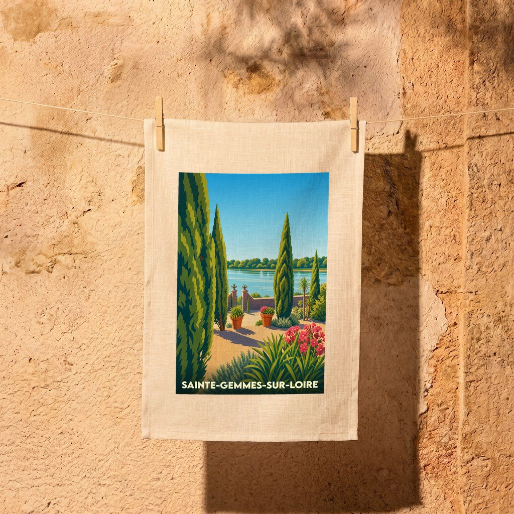 Torchon souvenir de la ville de Sainte-Gemmes-sur-Loire orné d'une illustration paysagère stylisée.