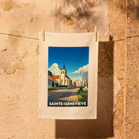 Torchon souvenir de la ville de Sainte-Geneviève avec une illustration stylisée d'une église sous un ciel bleu.