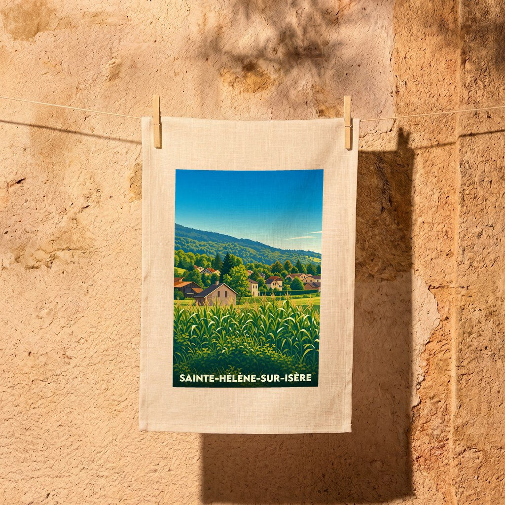 Torchon souvenir de la ville de Sainte-Hélène-sur-Isère avec une illustration stylisée d'un paysage rural.