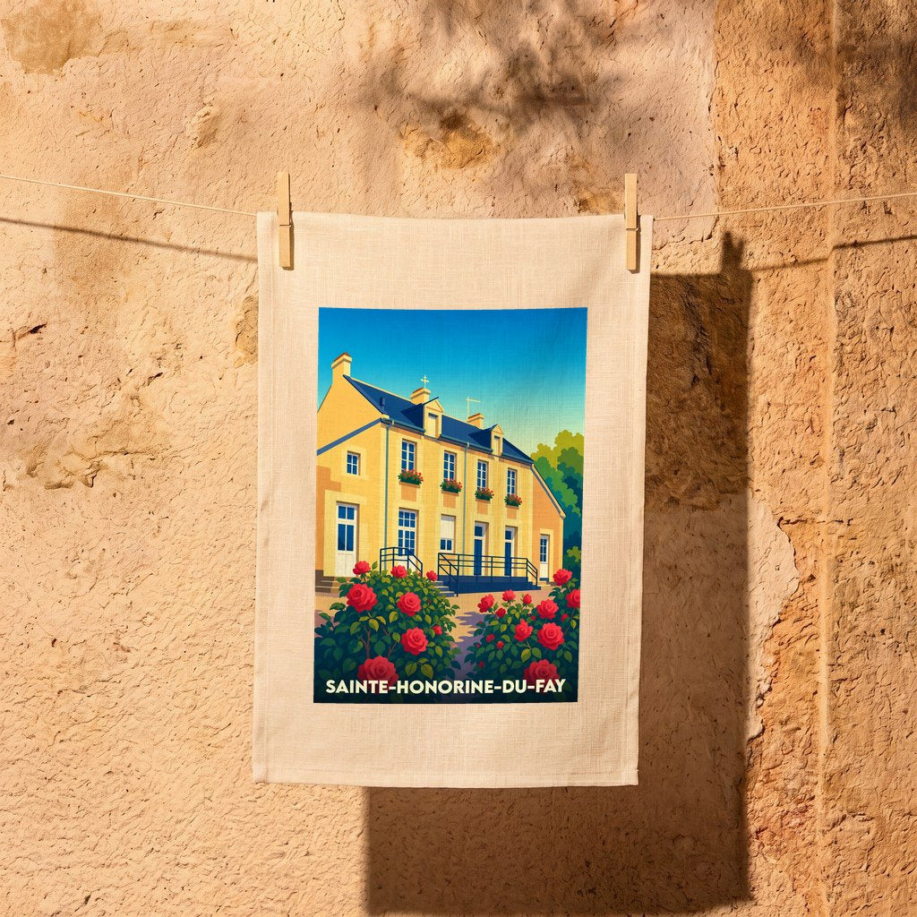 Torchon souvenir de la ville de Sainte-Honorine-du-Fay avec une illustration stylisée d'une maison fleurie.