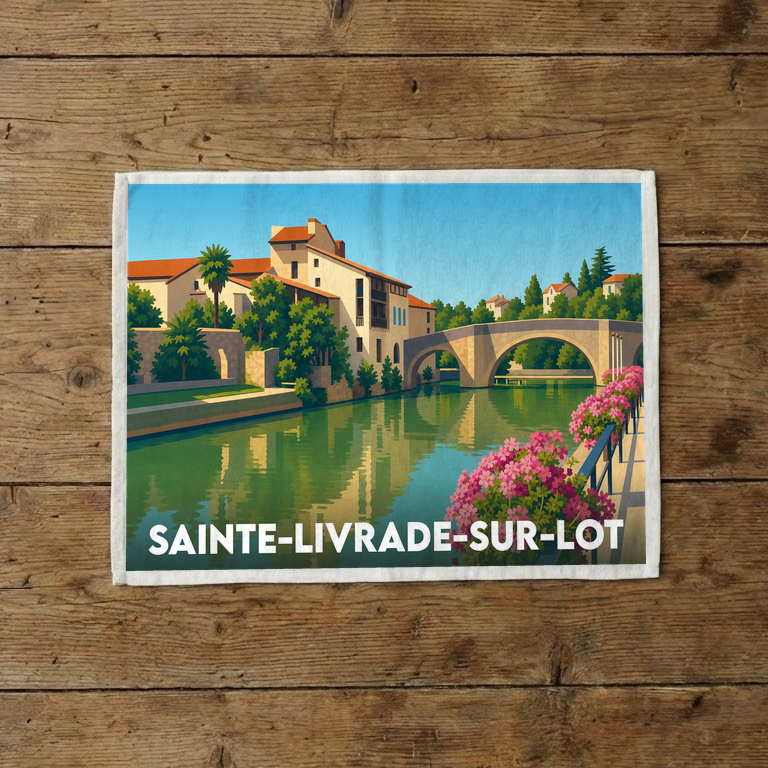 Torchon souvenir de la ville de Sainte-Livrade-sur-Lot illustré d'une vue stylisée de la rivière et d'un pont en pierre.