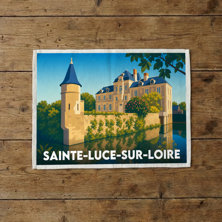 Torchon souvenir de la ville de Sainte-Luce-sur-Loire avec une illustration stylisée de son château.