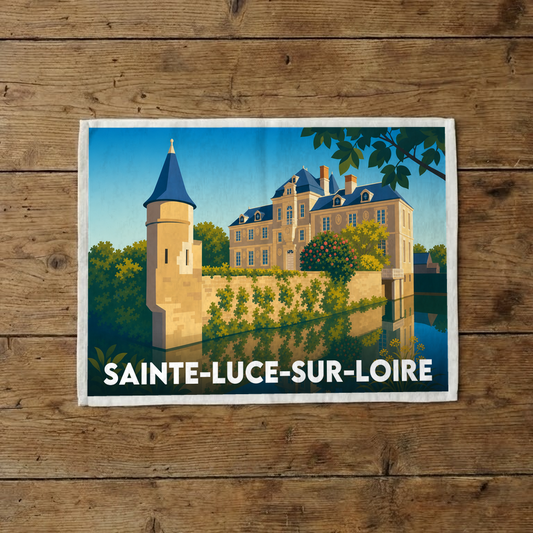 Torchon souvenir de la ville de Sainte-Luce-sur-Loire avec une illustration stylisée de son château.