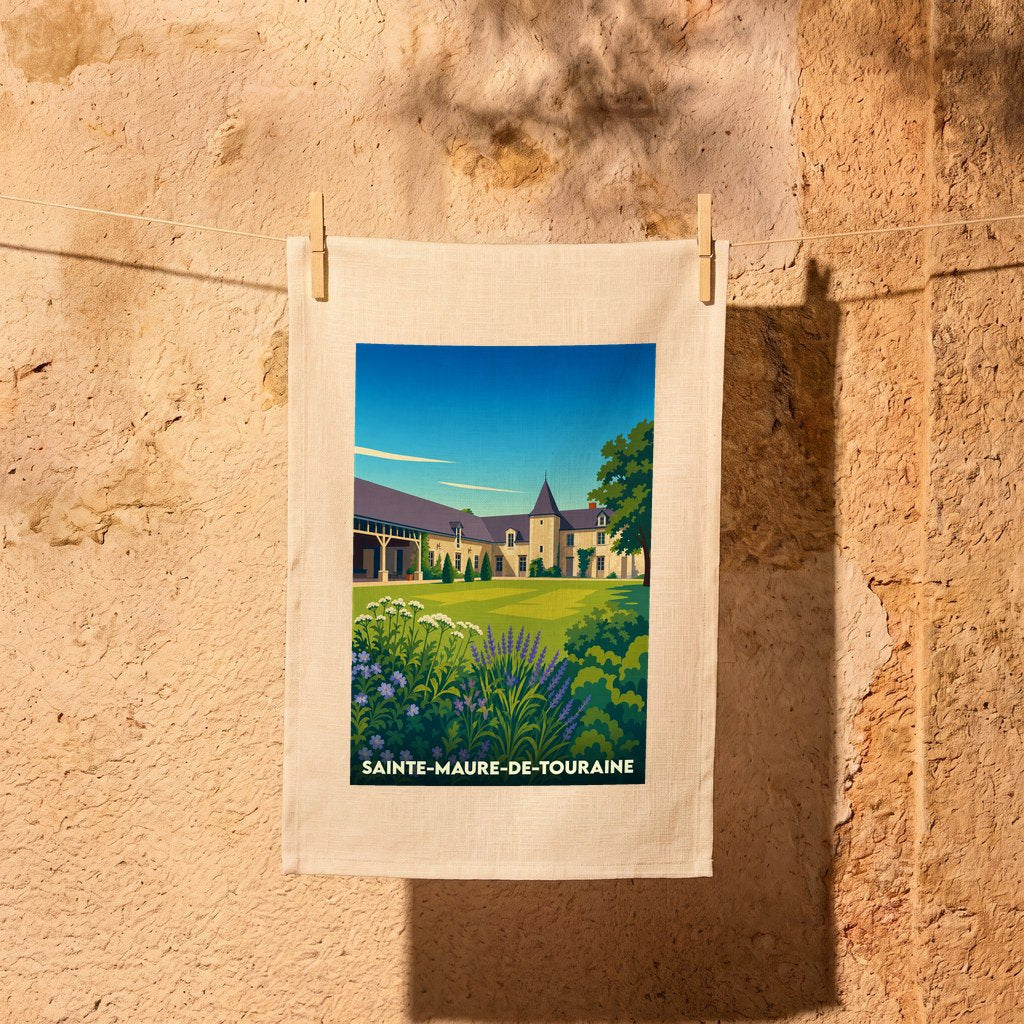 Torchon souvenir de Sainte-Maure-de-Touraine arborant une illustration stylisée du patrimoine local.