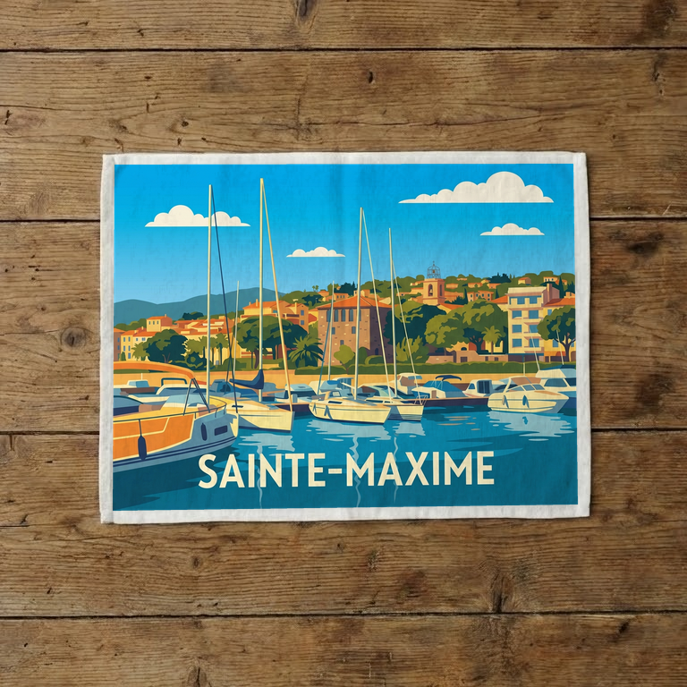 Torchon souvenir de la ville de Sainte-Maxime avec une illustration stylisée du port.