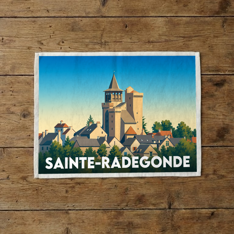 Torchon souvenir de la ville de Sainte-Radegonde avec une illustration stylisée.