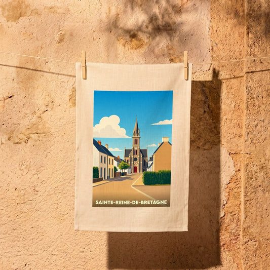 Torchon souvenir de la ville de Sainte-Reine-de-Bretagne avec une illustration stylisée de son église et de ses rues.