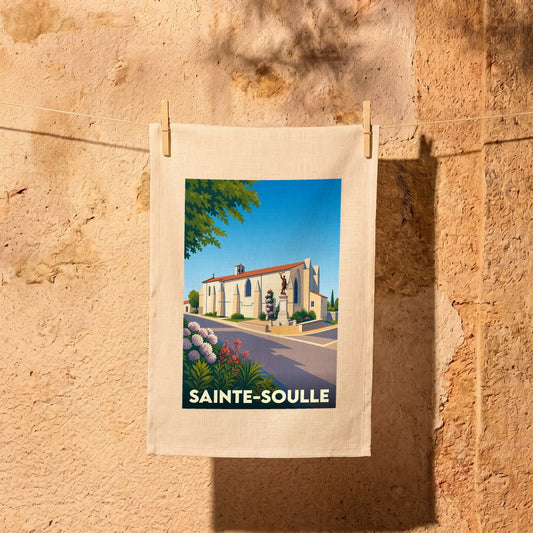 Torchon souvenir de la ville de Sainte-Soulle avec une illustration stylisée de son église et d'un monument.